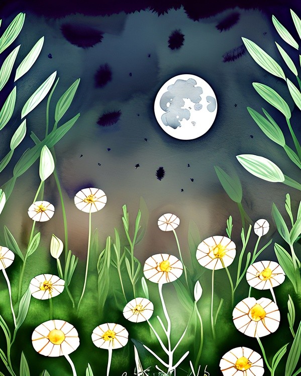 Watercolor daisies and moon
