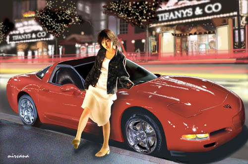 A girl with red corvette