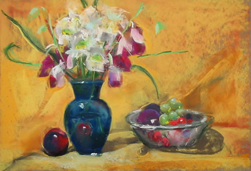 Orchids, Plum, Blue Glass Vase and Grapes