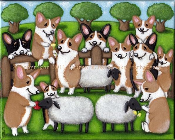 Corgi Dog Sheep Farm 8x10in Painting Art FOR SALE