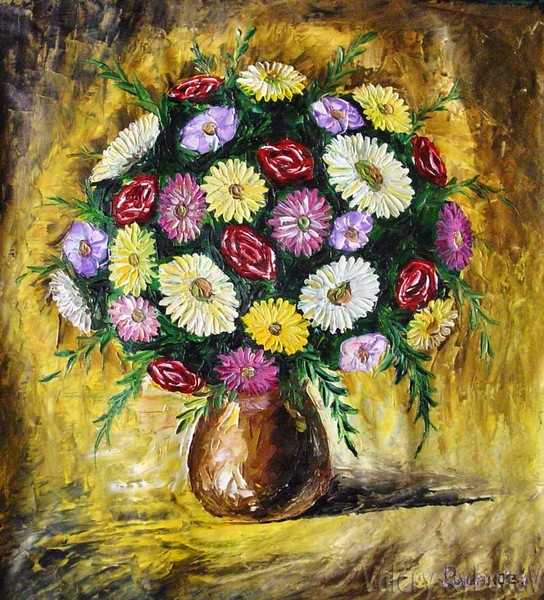 FLOWERS = LARGE RUSSIAN oil KNIFE painting ART