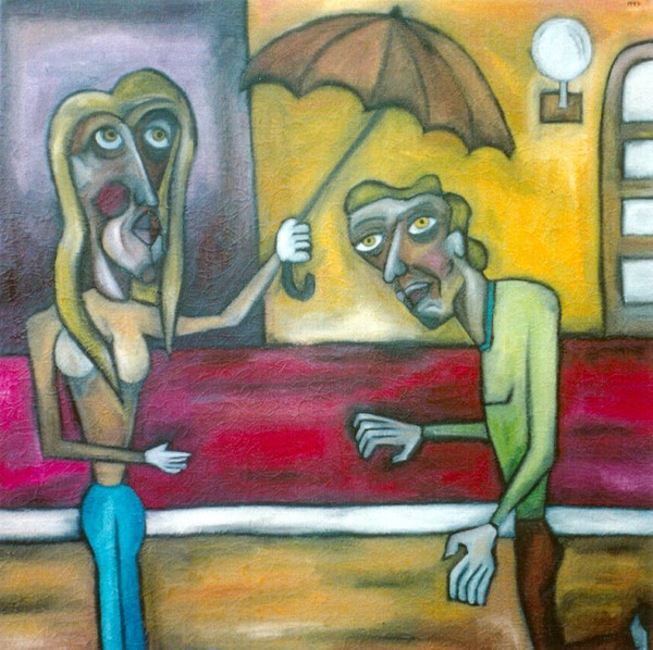 man and woman with unbrella