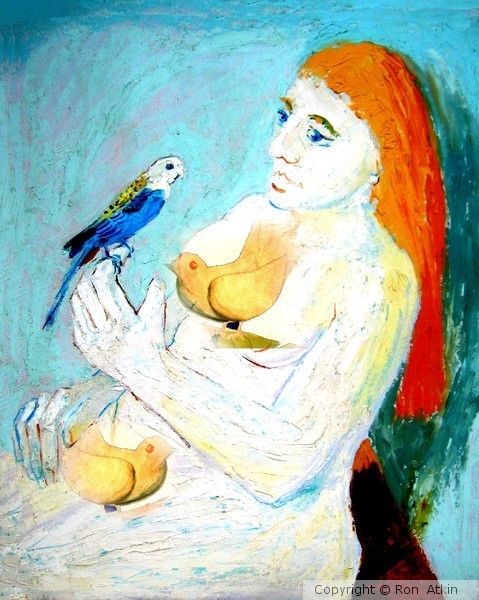WOMAN WITH PARROT AND TWO DOVES