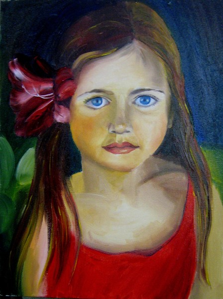 oilportrait-girl and flower ribon