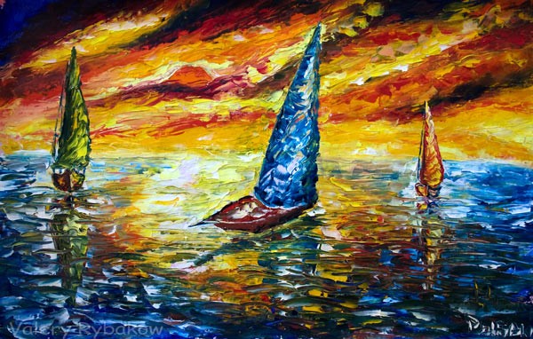 seascape painting 3 boats - artist Rybakow