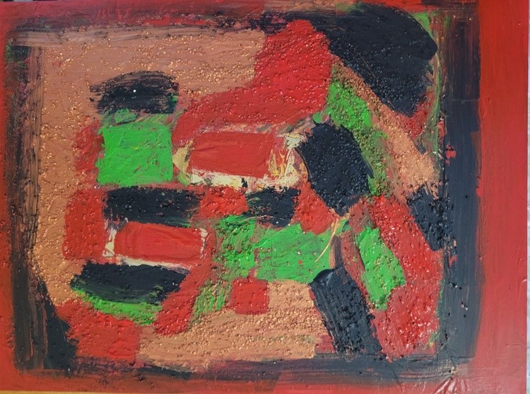 Mixed media in  red, black and green