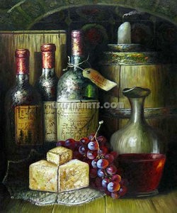 wine bottle still life painting with breads