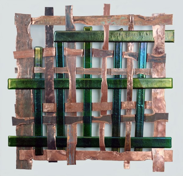 Copper and Iridescent Glass Weave Metal Art Panel 