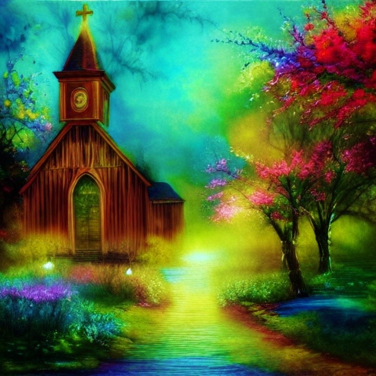 Watercolor Country church in spring