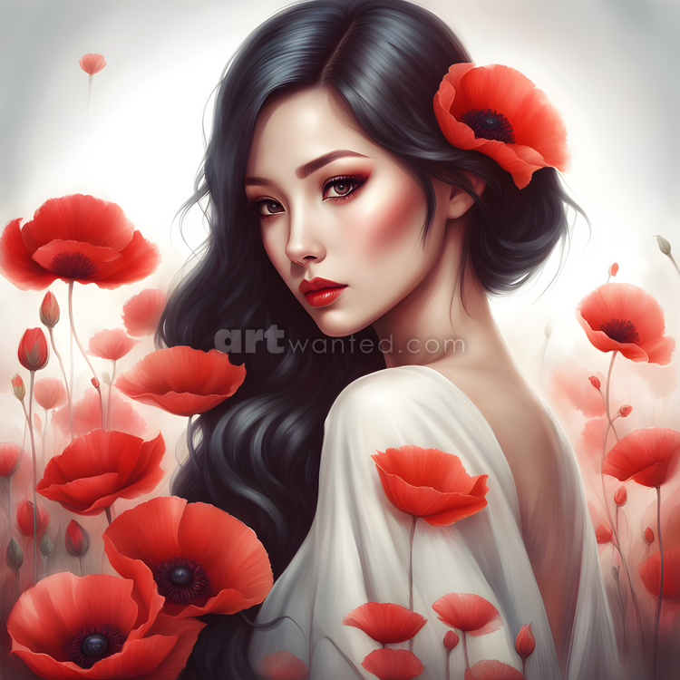 Beautiful Asian Woman With Poppies