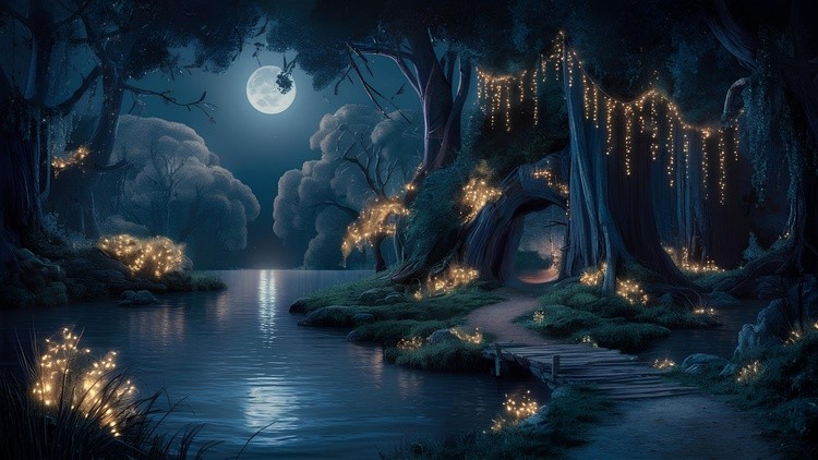 Enchanted moonlit forest with glowing lights