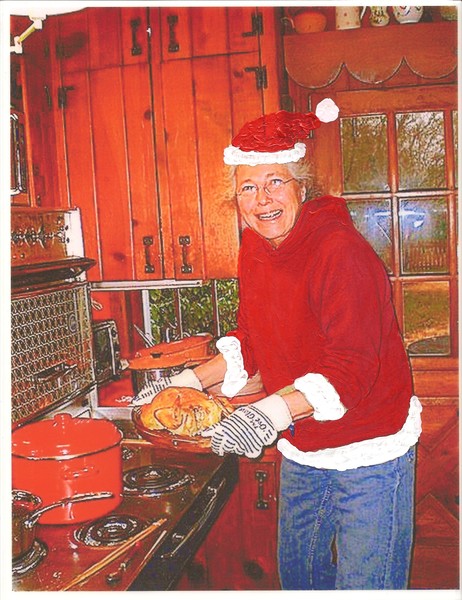 Santa Annie cooks the turkey.