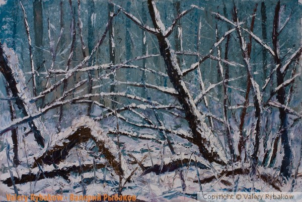 Winter Landscape Painting - Windbreak in a winter 