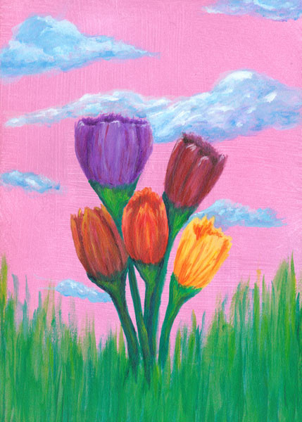 pink sky blue clouds funky tulips