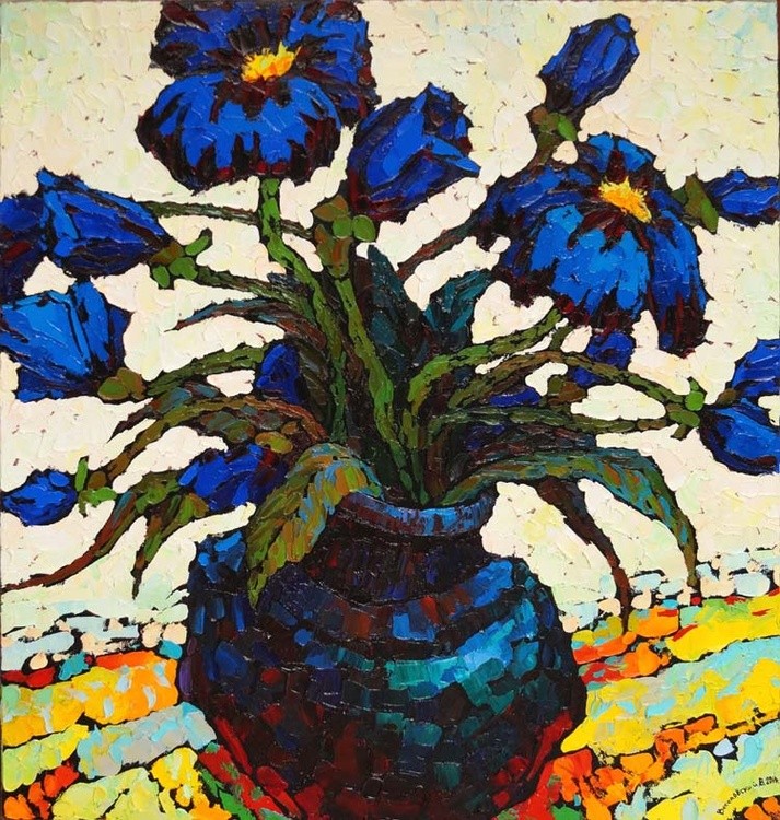 Dark blue flowers.