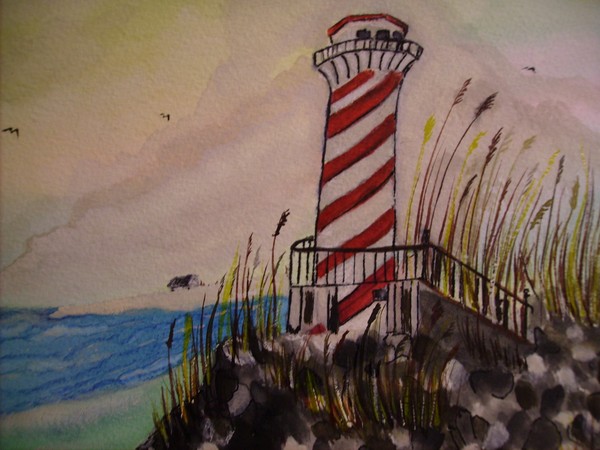 high rock lighthouse in red