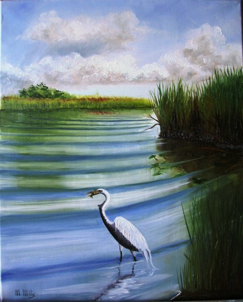 White Egret Fishing SOLD