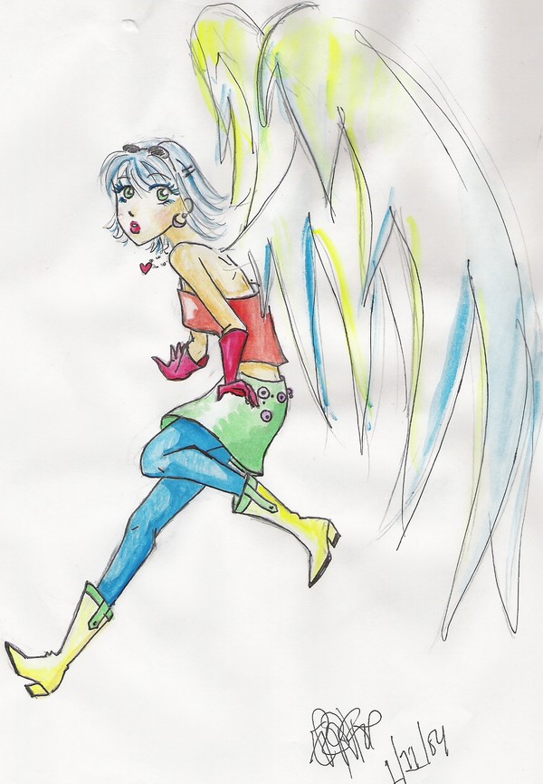 blue tights, yellow boots, pretty wings