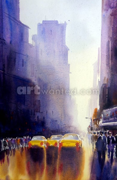 City after Rain -Watercolor on Paper Painting