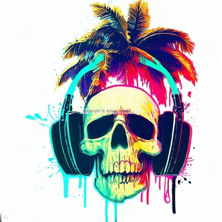 Skull with Headphones & Palm Tree- Ink Drip