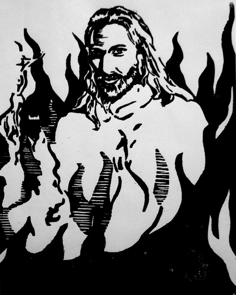 enduring the flames: woodcut print