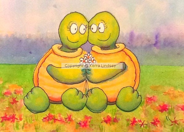 Whimsical Turtle Pair Share Flowers