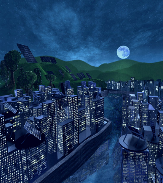 city at night with solar panel