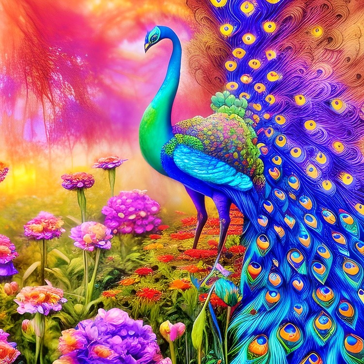 Bright peacock in garden