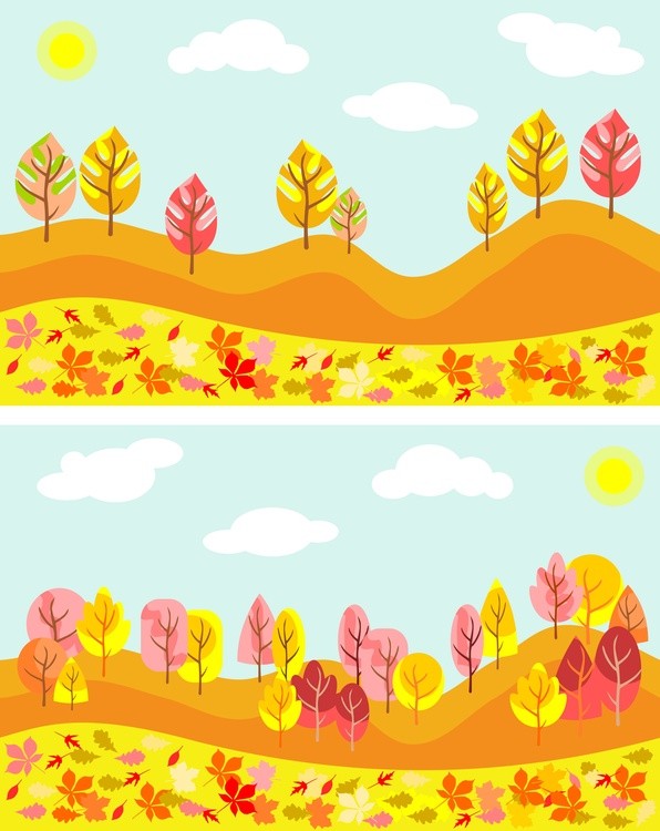 Autumn landscape, two pictures with trees and hills