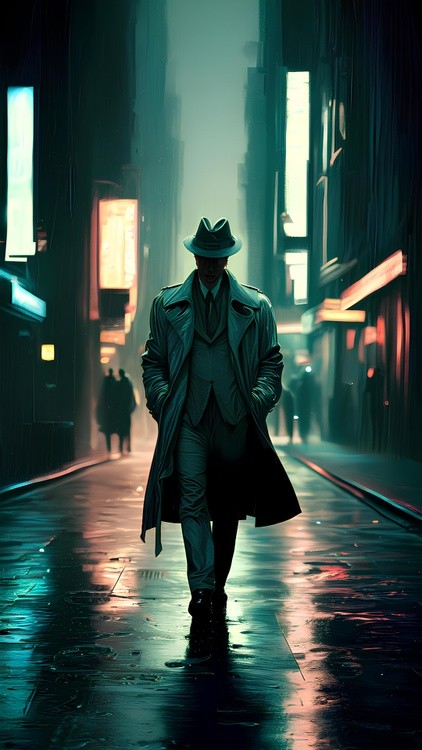 Mysterious figure walking in rainy cityscape