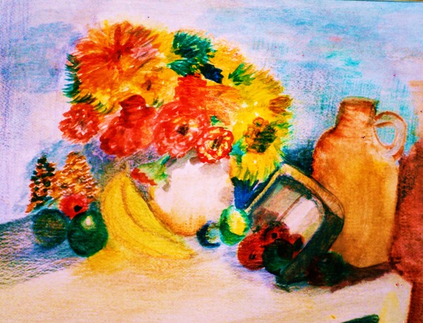 Bouquet on Table with Jug and Fruit