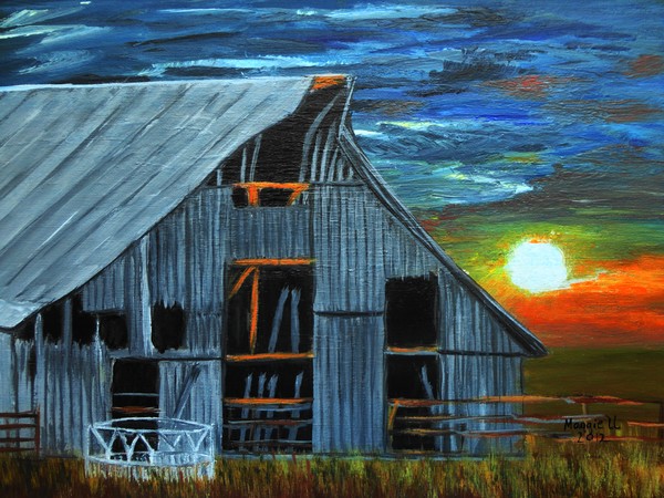 Sunset behind the old barn