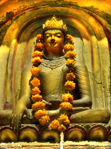 Golden Buddha with Saffron Garland Gazing at You
