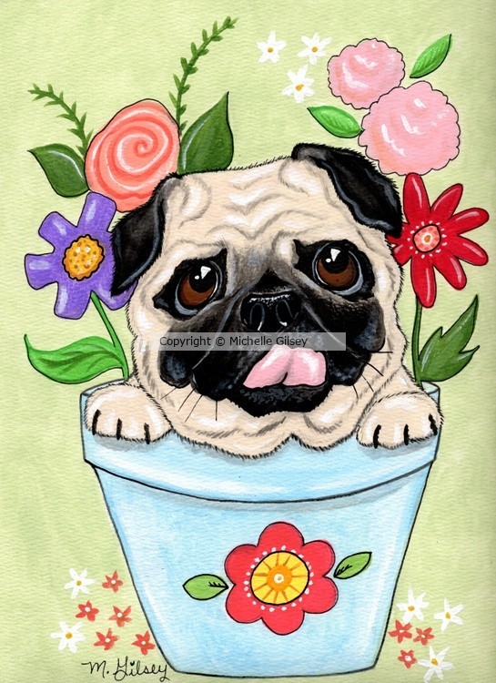 Potted Paws Pug w Flowers
