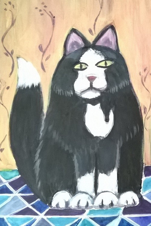 sitting cat tuxedo primitive b