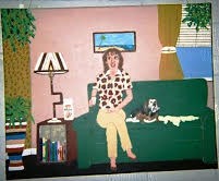 Woman and Dog on Green Couch