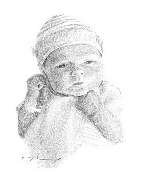 newborn infant pencil portrait