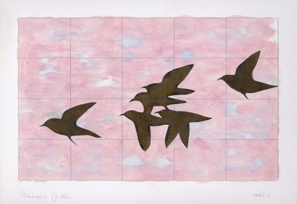 Six birds in pink sky