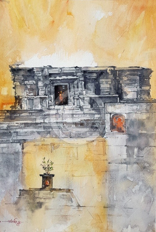 Vishnu Temple Milind Bhanji Watercolor 14x21 Inch