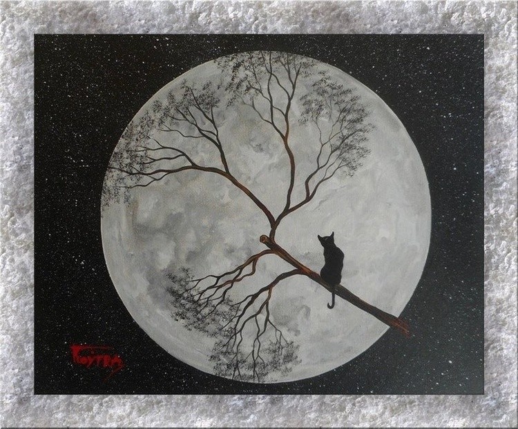 Cat on the Full Moon - Original Acrylic Painting on Canvas Panel - 24X30cm