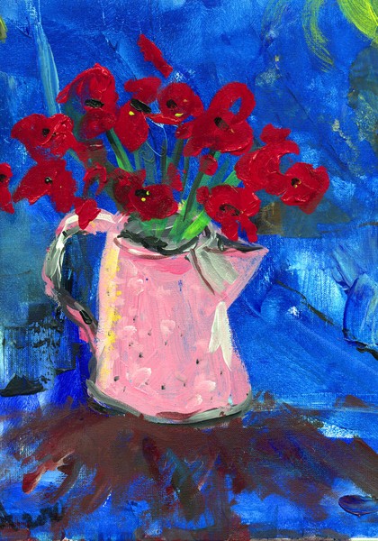 poppies in a pink pewter pot