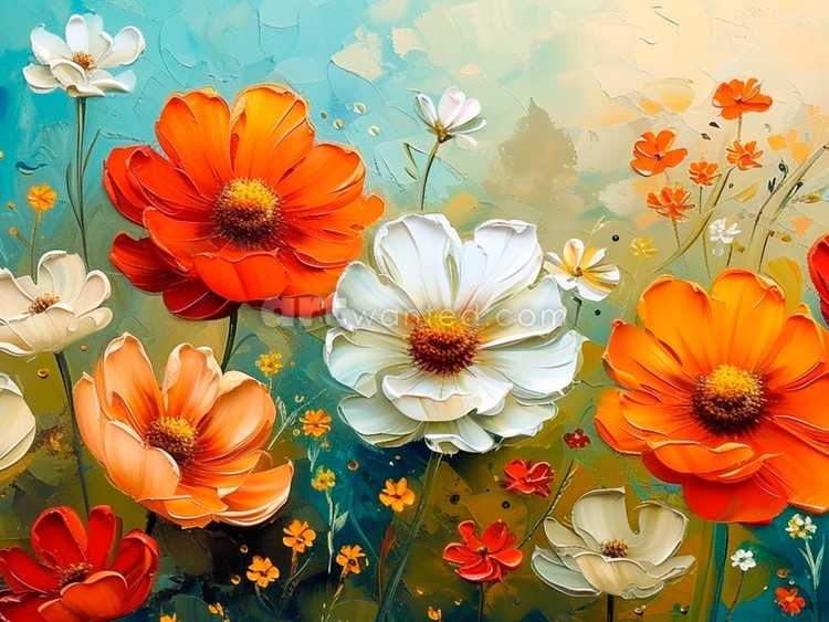 Spring Print, Flower Field Landscape Printable Art, Flower Meadow Oil Painting, Vintage Style decor