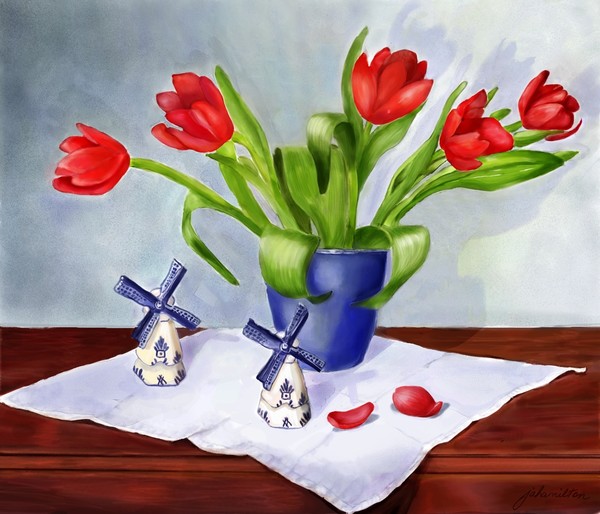 Windmills and Red Tulips