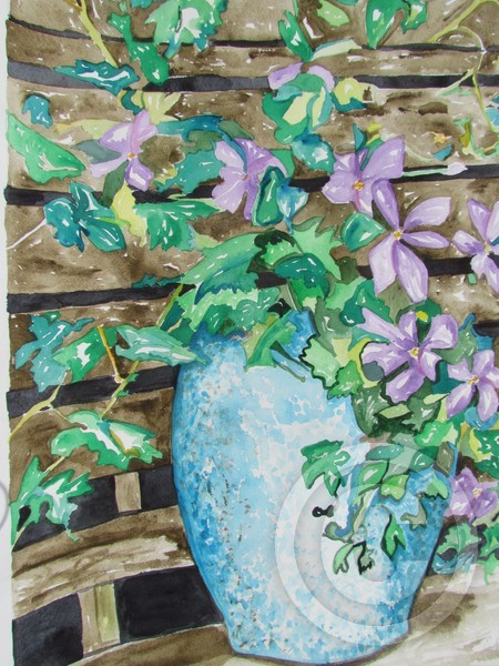 Clematis in a Speckled Flower Pot, Aquarelle, 2012, 46 x 55 cm., 18 x 21.5 in