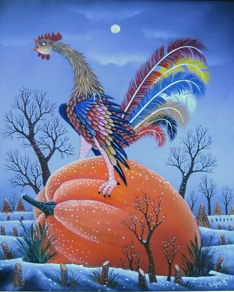 Rooster on a pumpkin