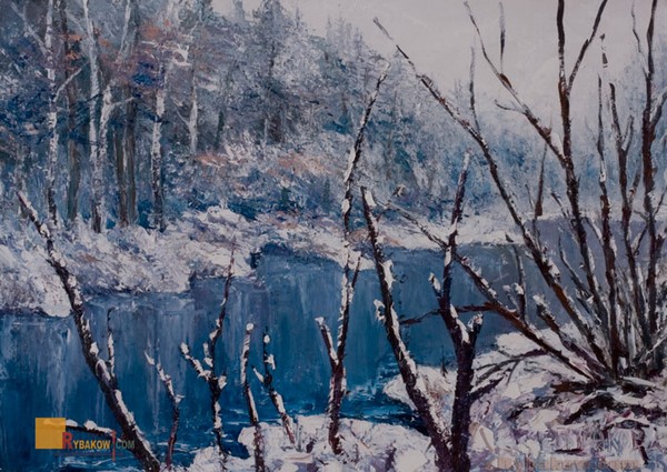 Winter landscape - River in winter forest -impasto