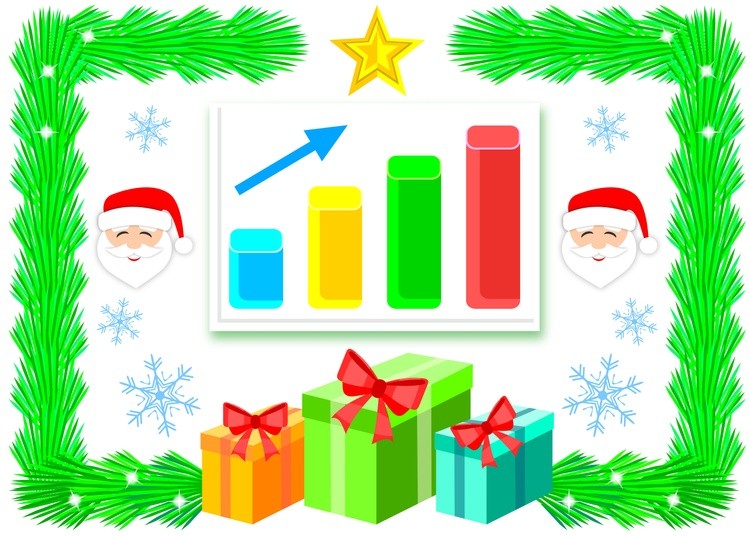Business, picture with a graph of the positive results of the year with spruce, Santa and gifts
