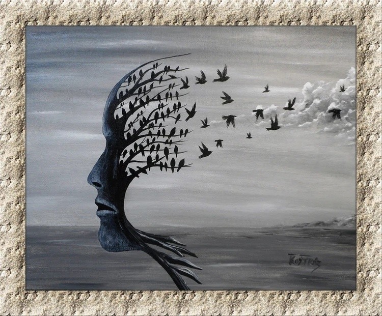 TREE FACE Acrylic Painting on Canvas Panel in Black and White - Visionary Fantasy Surrealist Art by 