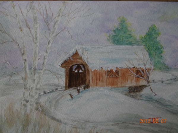 Covered Bridge-Winter-Watercolor