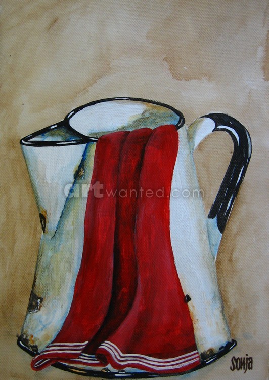 Jug with red kitchen towel